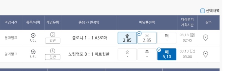 이건 새벽 유로파 간 배팅내역입니다